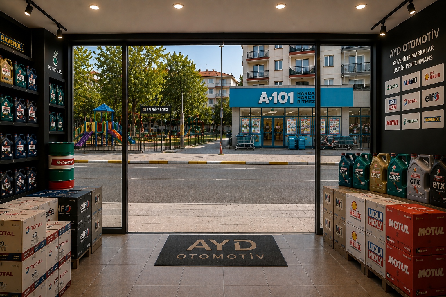 AYD Otomotiv Madeni Yağ mağazası, ürün çeşitliliği ve kurumsal dış cephe görünümü